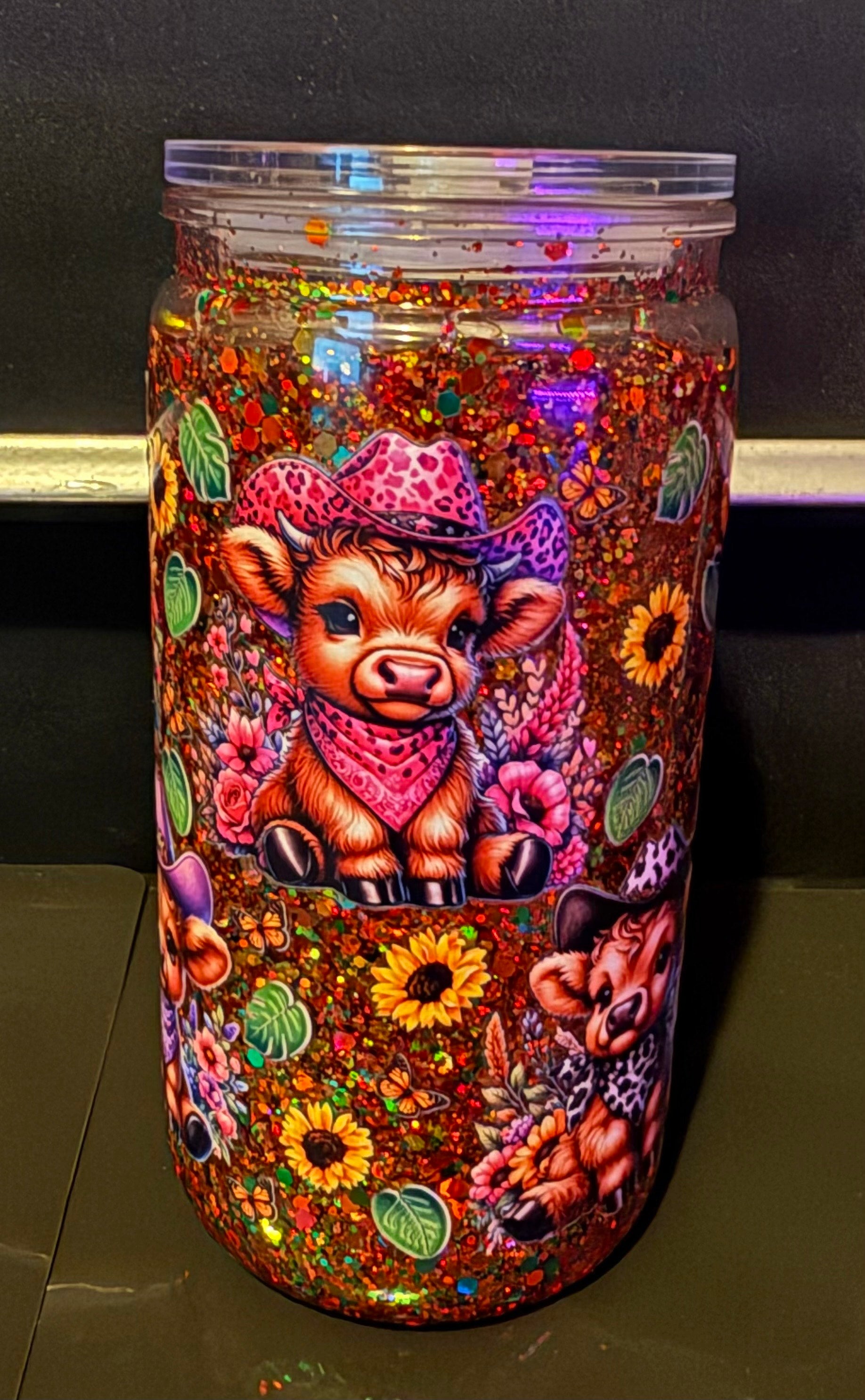 16 oz Glitter Snow globe with floral cow decal